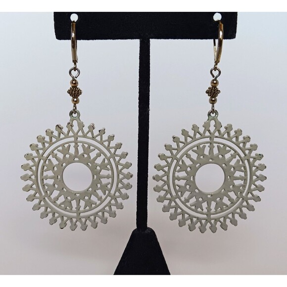 Handmade Enameled Goldtone Crystal Filagree Sunburst Statement Earrings 3 in - Picture 1 of 11